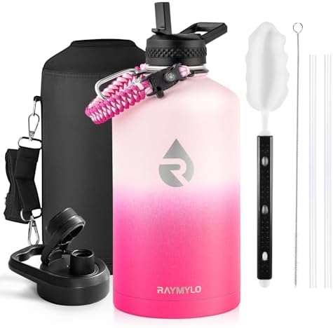 One Gallon Water Bottle Insulated, Triple Walled Vacuum Stainless Steel (Cold for 48 Hrs), Leak Proof & Non-BPA, Large Water Flask Jug with Paracord Handle & Straw Spout Lids