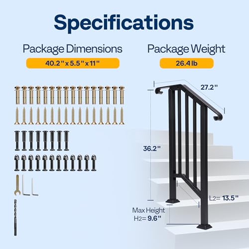 VIVOHOME 2-Pack Wrought Iron Hand Rails for Outdoor Steps β 13.5" Curved Ends and Safety Balusters Exterior Railing Kit for Porch, Deck, or Indoor Stairs (2-Step, Black)