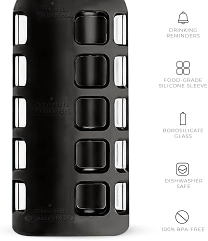 purifyou 40/32/22/12 oz Borosilicate Glass Water Bottles with Volume Markers, Silicone Sleeve, Stainless Steel Lid, Reusable Bottle for Water, Juice, Gym, and Fridge Storage (22oz Jet Black)