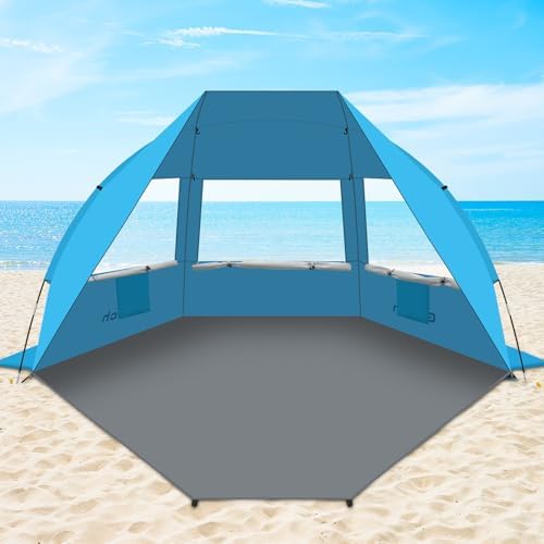 Gorich Portable Beach Tent for 3-6 Person with UPF 50+ UV Protection, Lightweight & Foldable Sun Shelter with 5 Sand Bags, Easy Setup Windproof Beach Umbrella Sun Shade