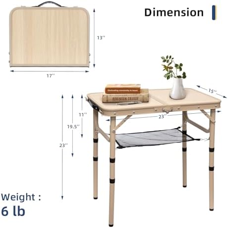 Small Folding Table 2FT Camping Table 3 Adjustable Height Lightweight Portable Aluminum Mini Foldable for Picnic Beach Indoor Outdoor, Yellow