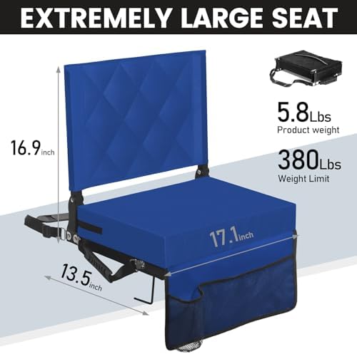 Sheenive Stadium Seats for Bleachers with Back Support, Bleacher Seats with Backs and Cushion Wide, Padded Portable Folding Comfort Stadium Chair with Shoulder Strap, Perfect for Sports Events, Blue