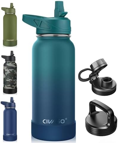 CIVAGO 32 oz Insulated Water Bottle With Straw, Stainless Steel Sports Water Cup Flask with 3 Lids (Straw, Spout and Handle Lid), Wide Mouth Travel Thermal Mug, Dark Night