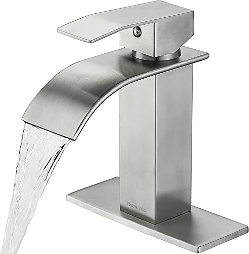 Bathroom Faucet Brushed Nickel Modern Waterfall Bathroom Sink Faucet with Single Handle Suitable for 1 or 3 Holes,Supply Deck Plate and Hose