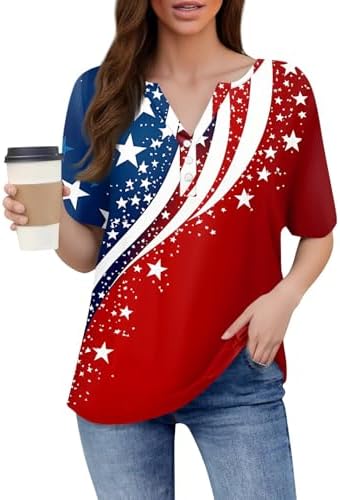 Womens Graphic Tees 4Th of July Henley V Neck 2025 American Flag Button Short Sleeve Independence Summer Shirt
