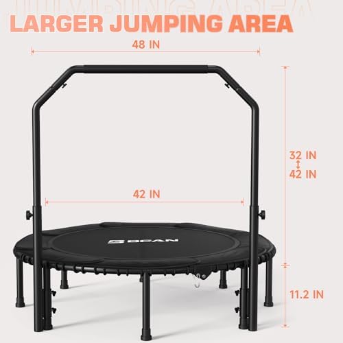 BCAN 450/550 LBS Foldable Mini Trampoline, 40"/48" Adult Fitness Trampoline with Bungees, U Shape Adjustable Foam Handle, Stable & Quiet Exercise Rebounder,Indoor/Outdoor Workout