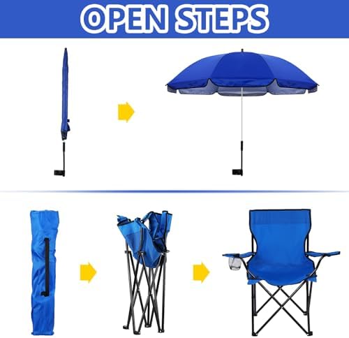 2 Pack Beach Chair with Umbrella for Adults Universal Clamp Folding Lightweight Adjustable Backpack Sling Beach Camping Chair with Cup Holder for Sand Camping Travel Outdoor Pool(Blue)