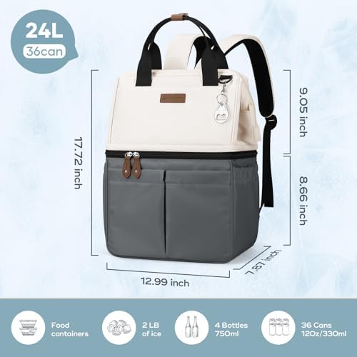 Maelstrom Cooler Backpack, 36 Cans Insulated Backpack Cooler, Soft Leakproof Double Deck Cooler Bag, Lightweight Lunch Backpack for Men & Women,Perfect for Beach Travel, Camping & Work-Beige gray
