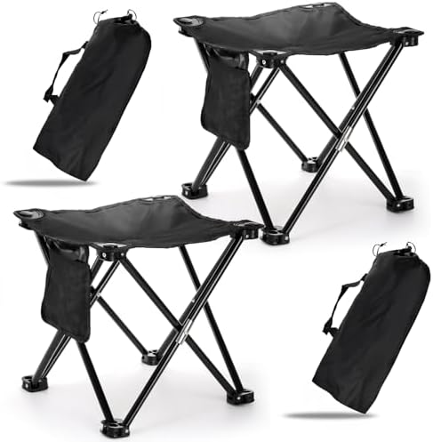 2 Pack Camping Stool, 13 Inch Compact Camping Chair Portable, Lightweight Folding Stool Seat with Side Pocket and Carry Bag for Outdoor Hiking, Fishing, Picnic, Beach and Lawn Party, Black
