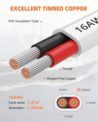16 Gauge Marine Wire, 16/2 Duplex Marine Grade Cable, IP68 Waterproof/Oxygen-Free Tinned Copper Stranded PVC 16 AWG Wire for Boat, Automotive, RV, Solar, LED Strips (30FT/9M)