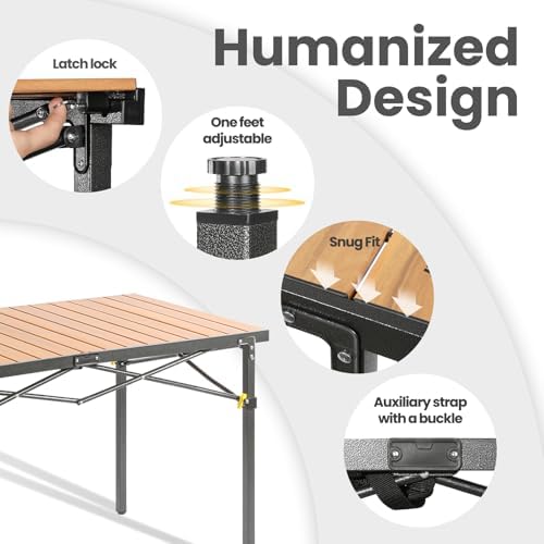 Portable Outdoor Camping Table Large for 2-6 Person - Foldable Camp Table with Aluminum Roll-Up Top & Carry Bag for BBQ, Tailgating, Backyard, 220 Lbs Capacity, Stable & Sturdy (Natural)