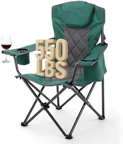ARROWHEAD OUTDOOR Portable Folding Camping Quad Chair w/ 6-Can Cooler, Cup & Wine Glass Holders, Heavy-Duty Carrying Bag, Padded Armrests, Headrest & Seat, Supports up to 550lbs, USA-Based Support