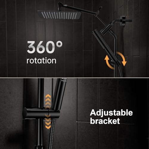 Veken 10" Luxurious All Metal Rain Shower Head with Handheld Spray Combo, High Pressure Rainfall Square Shower Heads with Extension Arm, Wide Dual Showerhead, Bathroom Accessories, Matte Black