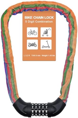 NDakter Bike Chain Lock, 5 Digit Combination Heavy Duty Anti Theft Bicycle Chain Lock,2.62/3.2/4.27/5/6Ft Long Security Resettable Bike Locks for Bike, Bicycle, Scooter, Door, Gate, Fence-4/6mm Thick