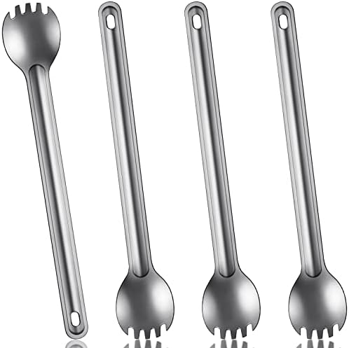 4 Pieces Titanium Long Handle Spork and Spoon Ultralight Portabale Flatware 8.7 Inch Soup Spoon Camping Spork for Outdoor Camping Backpacking Hiking Travel Picnic Tableware (Silver)