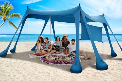Beach Tent Sun Shelter & Portable Beach Canopy UPF80+ Uv Protection, Beach Shade Canopy/Cabana with 8 Sandbags, 4 Stability Poles, Sand Shovel Ground Pegs for Outdoor Camping(10x10ft, Navy Blue)