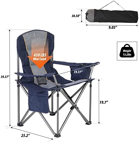 ALPHA CAMP Oversized Folding Camping Chair, Heavy Duty Portable Lawn Chairs with Cooler Bag, Side Pocket & Cup Holder, Folding Chairs for Outside Support 450 LBS