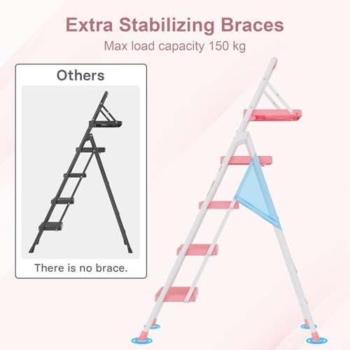 BONTEC 4-Step Ladder, 400lbs Max Load, Folding Step Stool with Tool Tray, Anti-Slip Pedals, Sturdy Steel, Lightweight Portable Ladder with Handrail for Home & Work Use, Pink