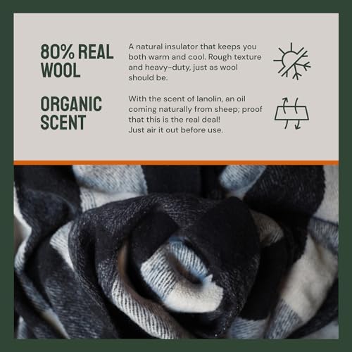 Woolly Mammoth Merino Wool Blanket- 66" x 90" 4 lbs Thick, Outdoor/Indoor Throw for Campfire, Picnic, Beach, Van Life, Home, Heavy Duty Insulating Sleep Plaid, Twin Size Bed, Black/Cream Design