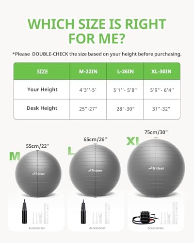 Trideer Yoga Ball - Exercise Ball for Workout pilates Stability - Anti-Burst and Slip Resistant for physical therapy, Birthing, Stretching & Core Workout, Office Ball Chair, Flexible Seating, Home Gym