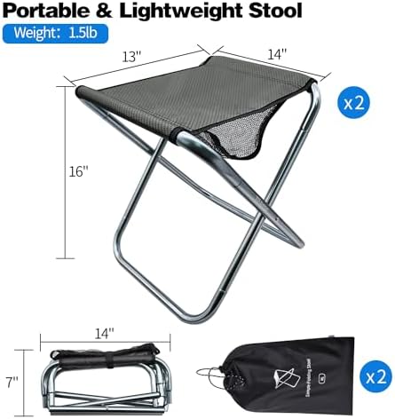 2 Pack Camping Stool, 16in Tall Large Size Folding Stool with Carry Bag, Aluminum Alloy Bracket, 1.5lbs Lightweight, Load Capacity to 300lbs, for Travel, BBQ, Fishing(2 Pack Grey)
