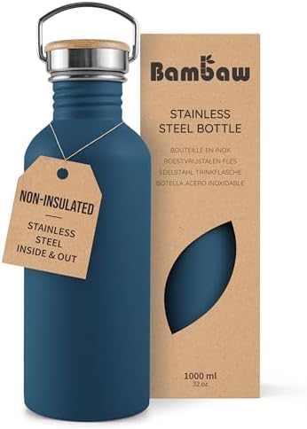 Bambaw Non-insulated Water Bottle 32oz, Blue Water Bottle with Handle, Stainless Steel Single Wall Water Bottle Dishwasher Safe, 1 Liter Water Bottles Reusable, Large Water Bottle – Aegean Blue