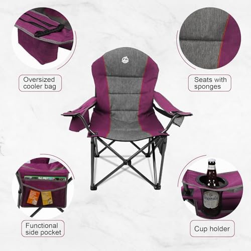 Oversized Portable Camping Chair, Full Padded Outdoor Folding Chair Support 350 LBS, Heavy Duty Lawn Chair with Cup Holder, Cooler Bag, Lumbar Support, Head Pocket for Adult (Purple)
