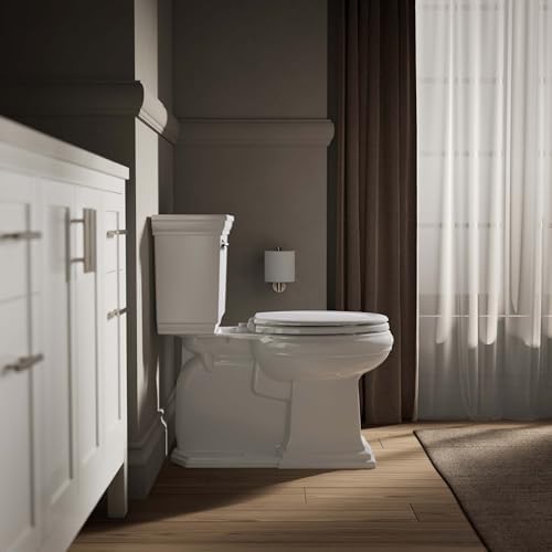 KOHLER Stonewood Quiet-Close Elongated Toilet Seat, Slow Close Design, Durable Wood, Easy Installation, Universal Fit, White Finish, K-20466-0