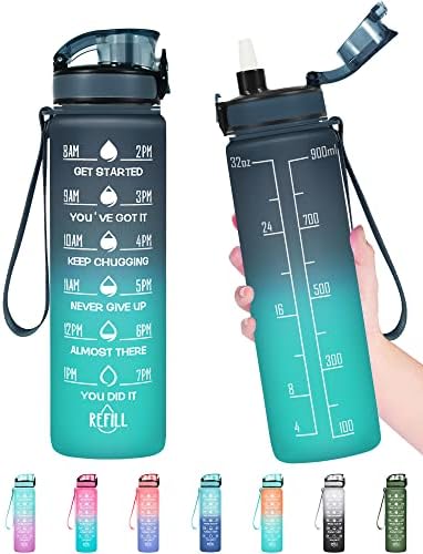 Enerbone Water Bottle, Leakproof BPA & Toxic Free, Motivational Water Bottle with Times to Drink and Straw, Fitness Sports Water Bottle with Strap for Office, Gym, Outdoor Sports