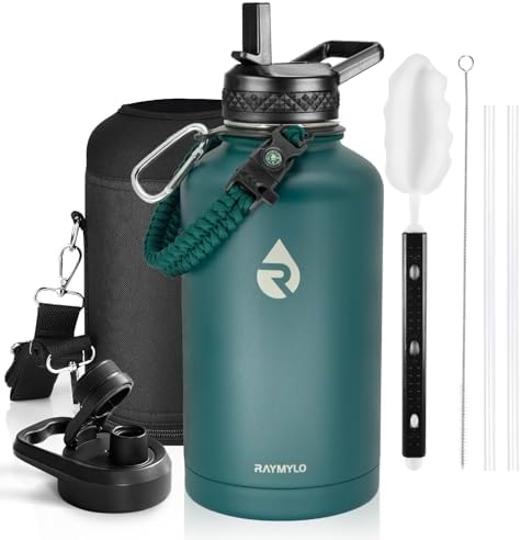 Insulated Water Bottle 64 oz, Triple Wall Vacuum Stainless Steel (Cold for 48 Hrs), Leak Proof & Non-BPA, Half Gallon Water Flask Jug with Paracord Handle & Straw Spout Lids, Dark Green