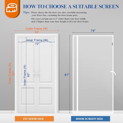 MAGZO Magnetic Screen Door White 72'' x 80'', Reversible Left Right Side Opening, Upgraded Polyester Scratch-Proof, Mesh Net for Sliding Glass/Single/Patio/French Doors with Adhesive-Hook&Loop to Hang