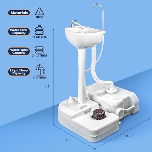 SereneLife Portable Camping Sink with 5 Gallon Water Tank, 6.4 Gallon Waste Tank, Hands-Free Foot Pump, Soap Dispenser & Towel Holder – Perfect for Camping, Worksites, Outdoors