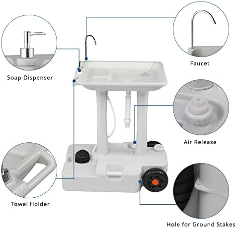 VINGLI 30L Upgraded Portable Sink| Rolling Hand Wash Basin Stand with Towel Holder & Soap Dispenser & Wheels, Perfect for Garden/Camping/Outdoor Events/Gatherings/Worksite/RV/Indoor, White