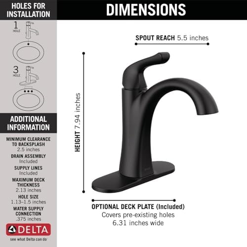 Delta Arvo Matte Black Bathroom Faucet 1 Hole, Single Hole Bathroom Sink Faucet for Vanity, Push-Pop Drain Assembly, Matte Black 15840LF-BL