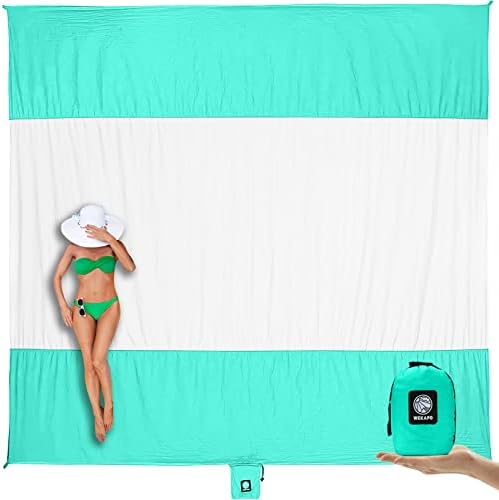 WEKAPO Beach Blanket Sandproof Waterproof, Extra Large Beach Mat, Oversized & Compact Sand Free Mat Quick Drying, Lightweight & Durable with 6 Stakes & 4 Corner Pockets