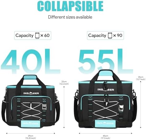 INSMEER Insulated Cooler Bag 90Cans/55L Large Cooler Bag Soft Sided Cooler with Shoulder Strap, Collapsible Coolers, Portable Leakproof Lunch Cooler for Camping/Beach/Food Delivery/Picnic