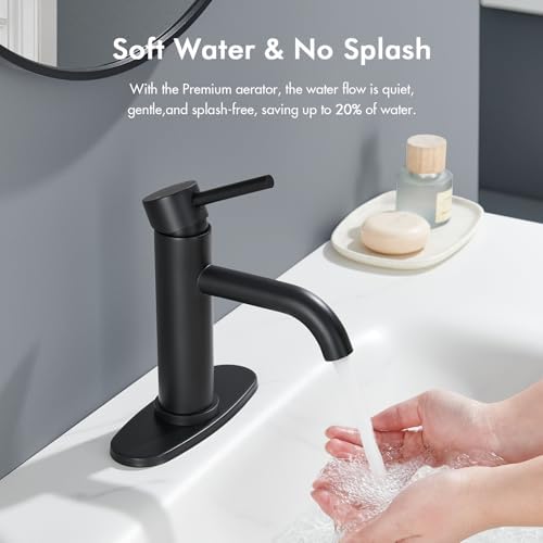 Black Bathroom Faucet, WINKEAR Single Hole Bathroom Faucet with Pop-up Drain and Flexible Hoses, Single Handle Faucet for Bathroom Sink, Vanity, RV, Modern Farmhouse, Suitable for 1 Hole or 3 Hole