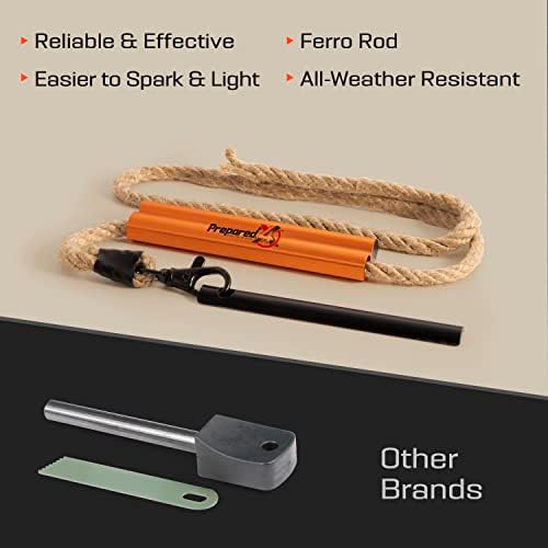 Fire Starter Survival Tool - All-in-One Flint and Steel Fire Starter Kit - Ferro Rod Fire Starter with 36" Waterproof Tinder Wick Rope and Steel Fire Striker - Patented Firestarter | Prepared4X