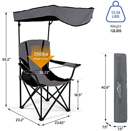 FAIR WIND Oversized Camping Lounge Chair with Adjustable Shade Canopy, Heavy Duty Quad Fold Chair Arm Chair - Support 350 LBS (Black Grey)
