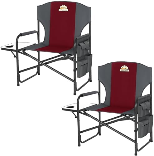Oversized Directors Camping Chair Set of 2 Support 600 LBS, Heavy Duty Folding Outdoor Chairs with Detachable Side Pocket and Adjustable Side Table for Outside Beach,Lawn,Fishing (Red)