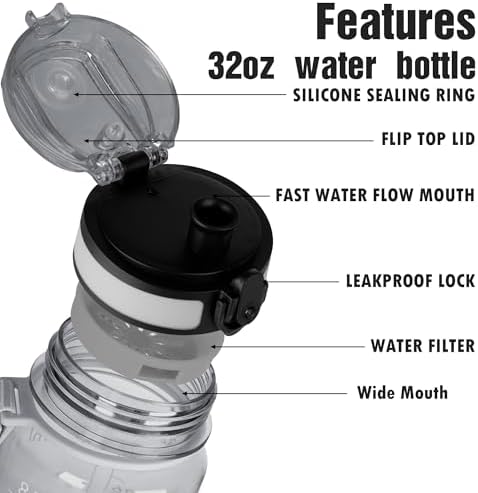 OLDLEY Water Bottle, 32oz Motivational Sports Water Bottle with Time Marker - Times to Drink - Tritan, BPA Free, Wide Mouth Leakproof,Smoke Grey (1 Bottle)