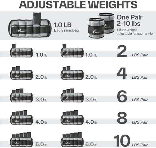 Sportneer Adjustable Ankle Weights 1 Pair 2 4 6 8 10 Lbs Leg Weight Straps for Women Men, Weighted Ankle Weights Set for Gym,Fitness, Workout,Walking, Jogging,1-5 lbs Each Ankle, 1 Pair 2-10 lbs