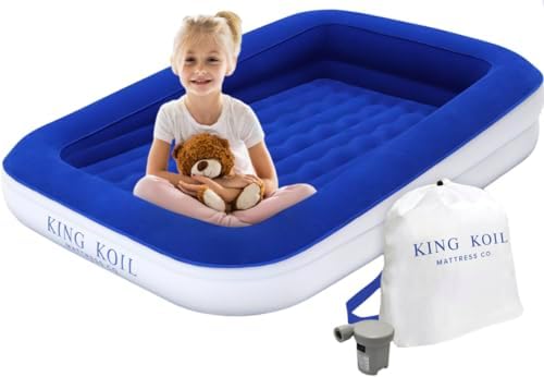 King Koil Luxury Toddler Inflatable Child Airbed, Travel Bed with Built-in Safety Bumper, Portable Air Mattress for Kids, Includes High-Speed Pump - Blue, 1-Year Manufacturer Warranty