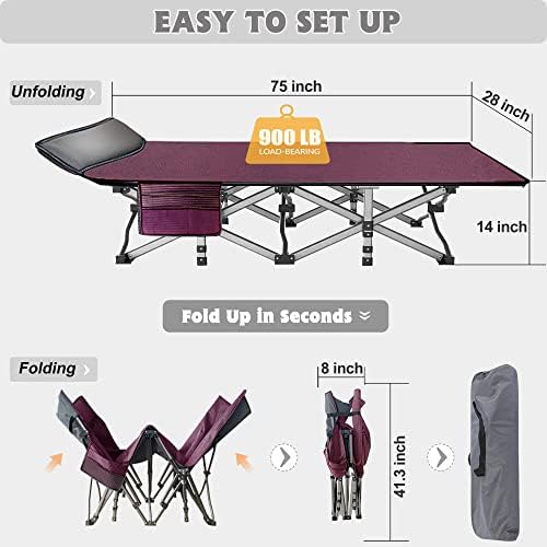 ABORON Folding Camping Cot W/Mat for Adults, Heavy Duty Outdoor Bed with Carry Bag,1200 D Layer Oxford Travel Camp Cots (1, Red Stripe with Blue Pad)