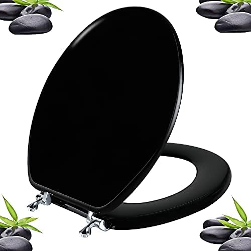 Black Round Toilet Seat Natural Wood Toilet Seat with Zinc Alloy Hinges, Easy to Install also Easy to Clean, Scratch Resistant Toilet Seat by Angol Shiold (Round, Black)
