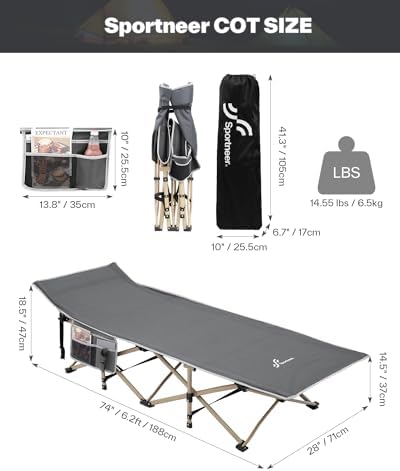 Sportneer Cots for Sleeping, Camping Cots for Adults with Mattress Max Load 450 LBS Heavy Duty Folding Portable Bed with Padded for Camping Tent Office Outdoor Travel Sleep Over
