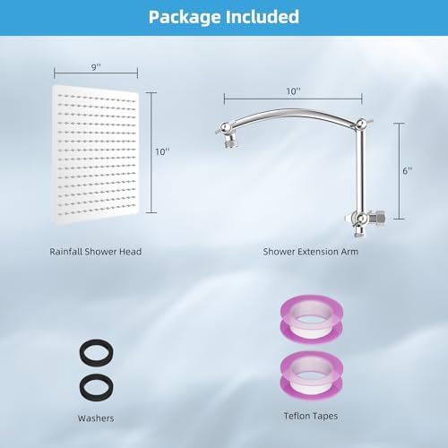 Hibbent All Metal Rain Shower Head, 10'' High Pressure Rainfall Square Showerhead with 16" Shower Head Extension Arm, Solid Brass Adjustable Shower Arm Extender, Waterfall fixed Showerheads, Chrome
