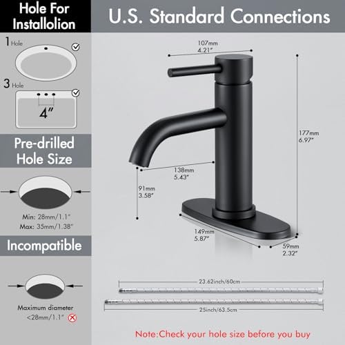 Black Bathroom Faucet, WINKEAR Single Hole Bathroom Faucet with Pop-up Drain and Flexible Hoses, Single Handle Faucet for Bathroom Sink, Vanity, RV, Modern Farmhouse, Suitable for 1 Hole or 3 Hole