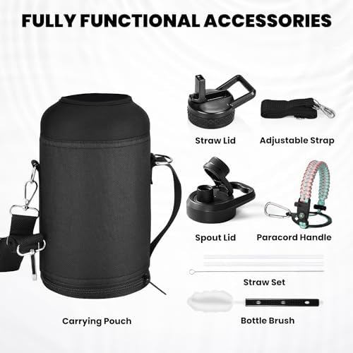 Insulated Water Bottle 64 oz, Triple Wall Vacuum Stainless Steel (Cold for 48 Hrs), Leak Proof & Non-BPA, Half Gallon Water Flask Jug with Paracord Handle & Straw Spout Lids, Hydrangea