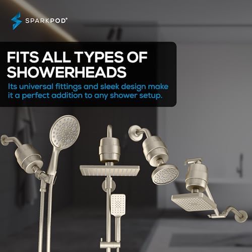 SparkPod 23 Stage Shower Head Filter for Dry Hair and Skin - High Output Universal Shower Filters to Remove Toxic Chemicals, Chlorine & Heavy Metals (Elegant Brushed Nickel)